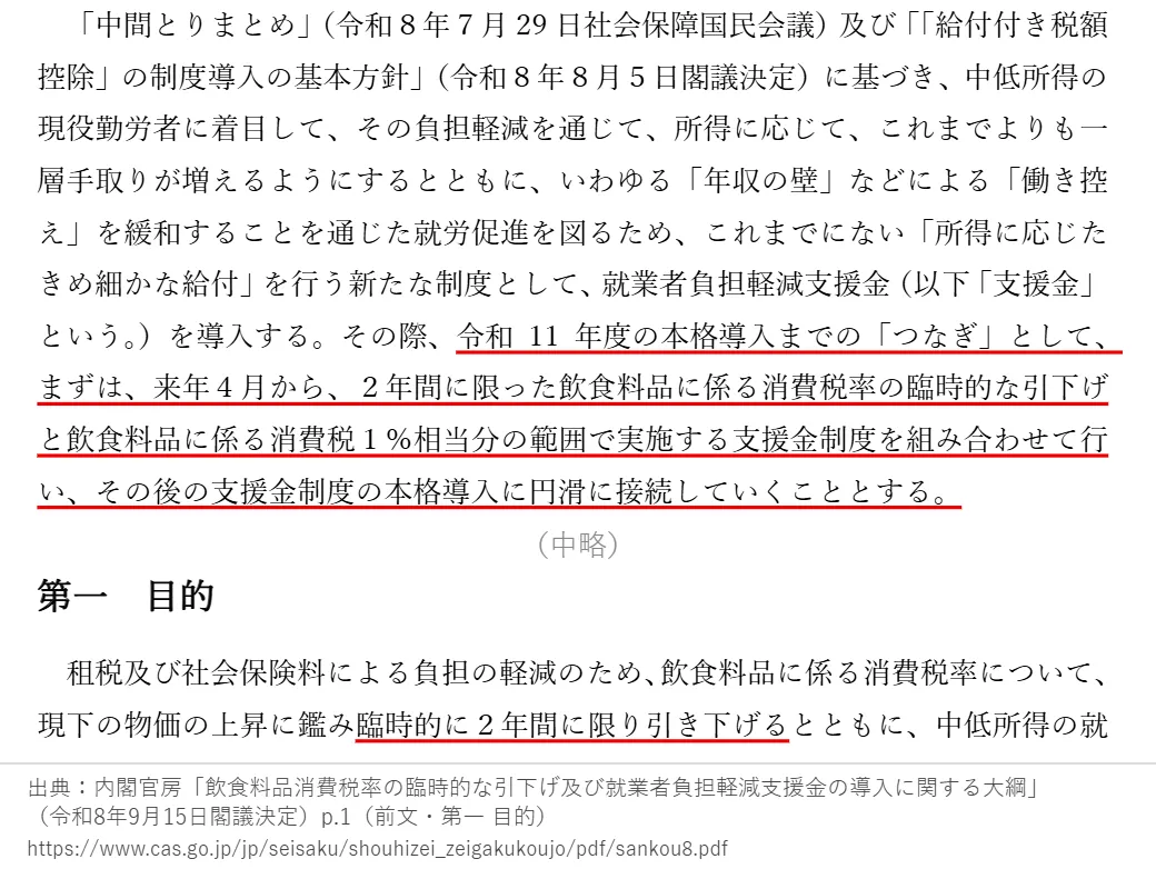 大綱 p.1。2年間に限った飲食料品の消費税率の臨時的な引下げ、の部分に赤線